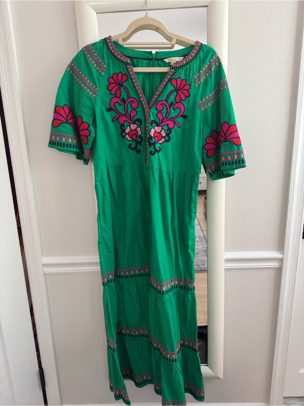 Boden Green Midi Dress with Pink Floral Embroidery